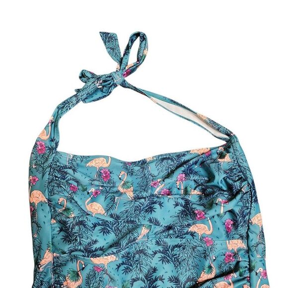 Halter Neck Flamingo Retro One Piece Bathing Suit Size XL Teal Blue - Picture 2 of 3
